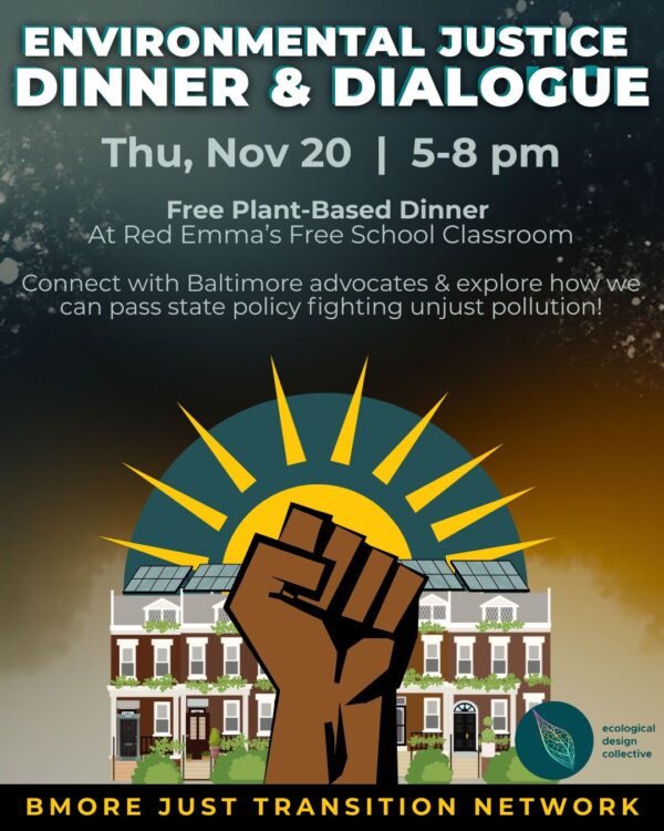 Environmental Justice Dinner & Dialogue Thu, Nov. 20, 5-8 PM; a fist is raised in the foreground with a backdrop of row homes and a raising yellow sun. 