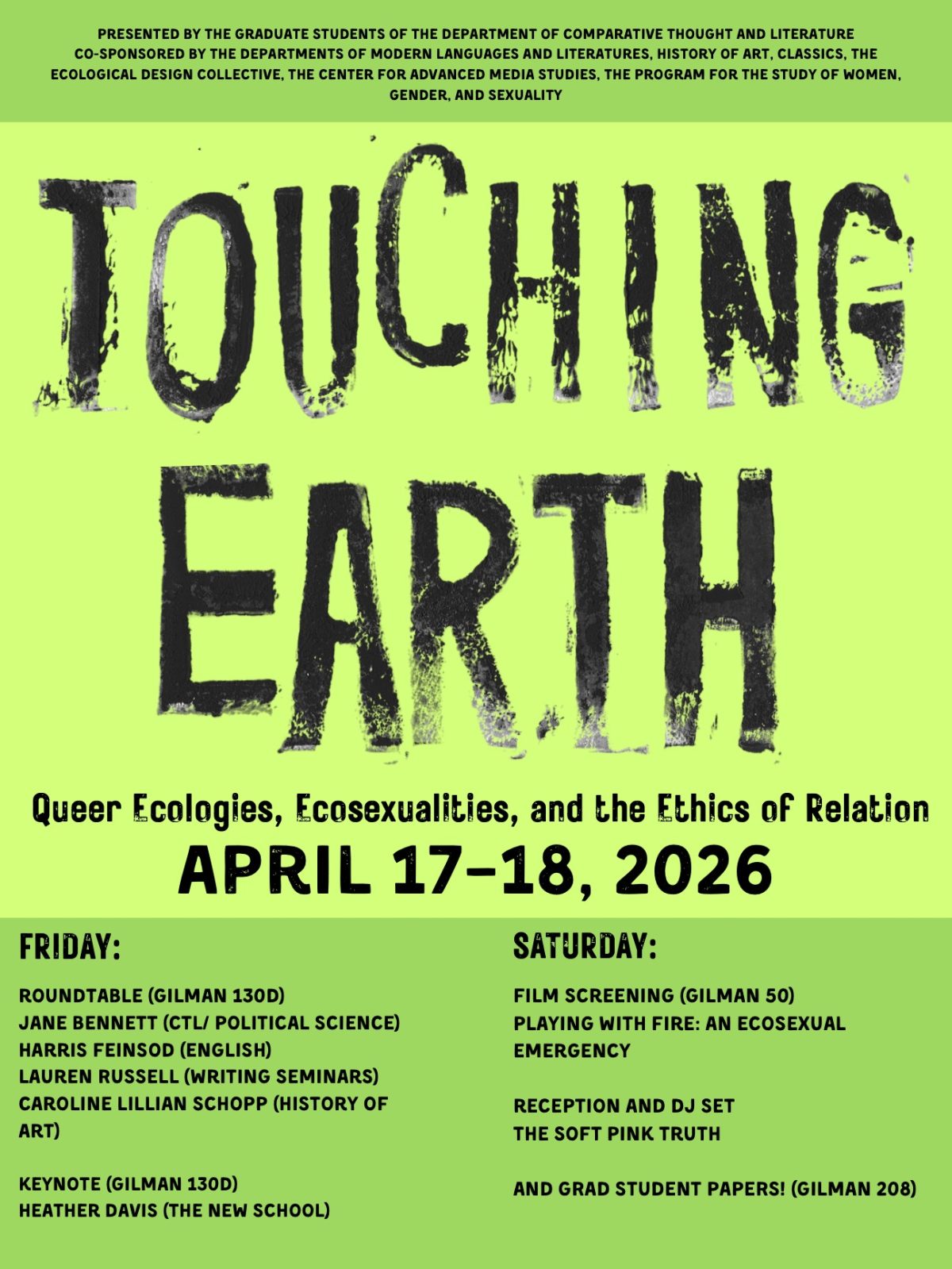 Touching Earth: Queer Ecologies, Ecosexualities, and the Ethics of Relation April 17-18, 2026